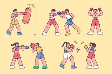 Cartoon characters boxing and training in various poses. Men and women practicing with gloves in a fun and simple flat style illustration.