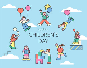 Cute children celebrating Children's Day with balloons, toys, and joyful activities in a bright and cheerful flat style illustration.