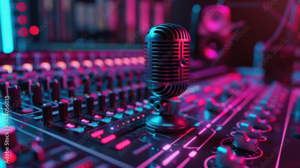 Poster high-tech podcast mic with digital sound waves and editing tools in a cool audio setup.