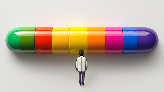 Tiny Doctor Examining Colorful Capsule Segments on White Background