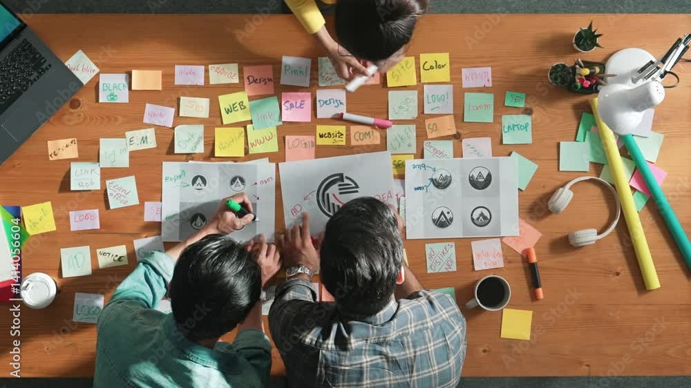 Poster top view of business team write graphic logo on meeting table with colorful sticky notes and design 