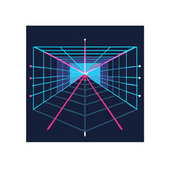 Digital grid with neon lines forming perspective cube