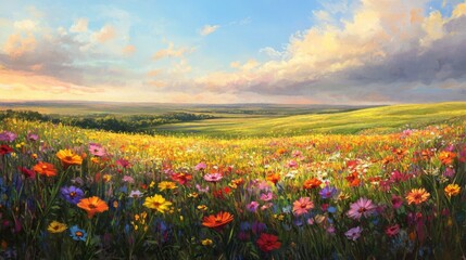 Obraz premium Prairie wildflowers colorful grassland meadow landscape with pollinators