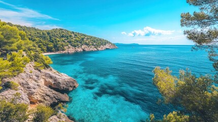 Fototapeta premium Coastal paradise with turquoise water and lush greenery