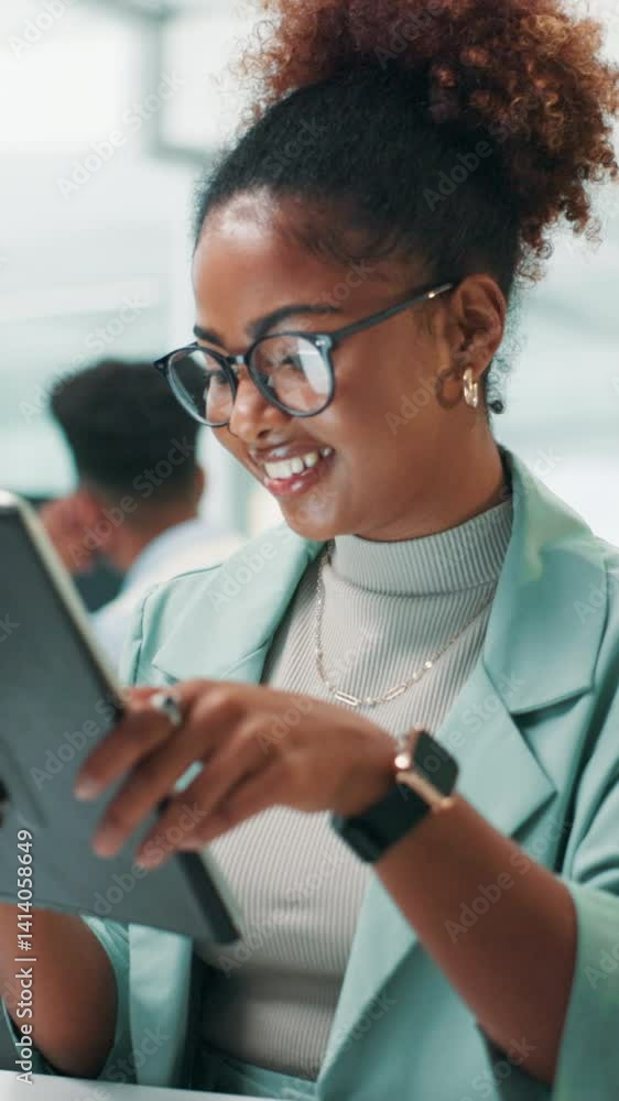 Aufkleber Office, businesswoman and happy with tablet for reading, research information and UX developer. Career, female person and web designer with digital for connection, software update and smile for SEO