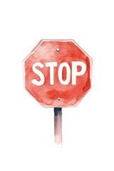 Traffic stop sign urban setting watercolor art minimalist design straight view safety concept