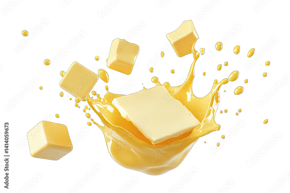 Poster butter cubes splashing in a pool of yellow liquid emphasizing the creamy texture and culinary use of
