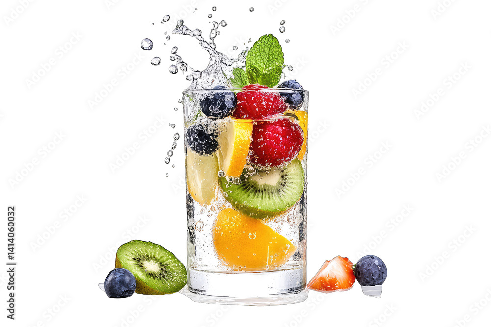 Poster a refreshing glass of sparkling water filled with assorted fruits including kiwi lemon and berries c