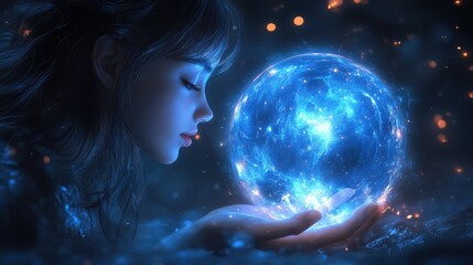 Naklejka premium Enchanting maiden cradles a luminous celestial sphere.