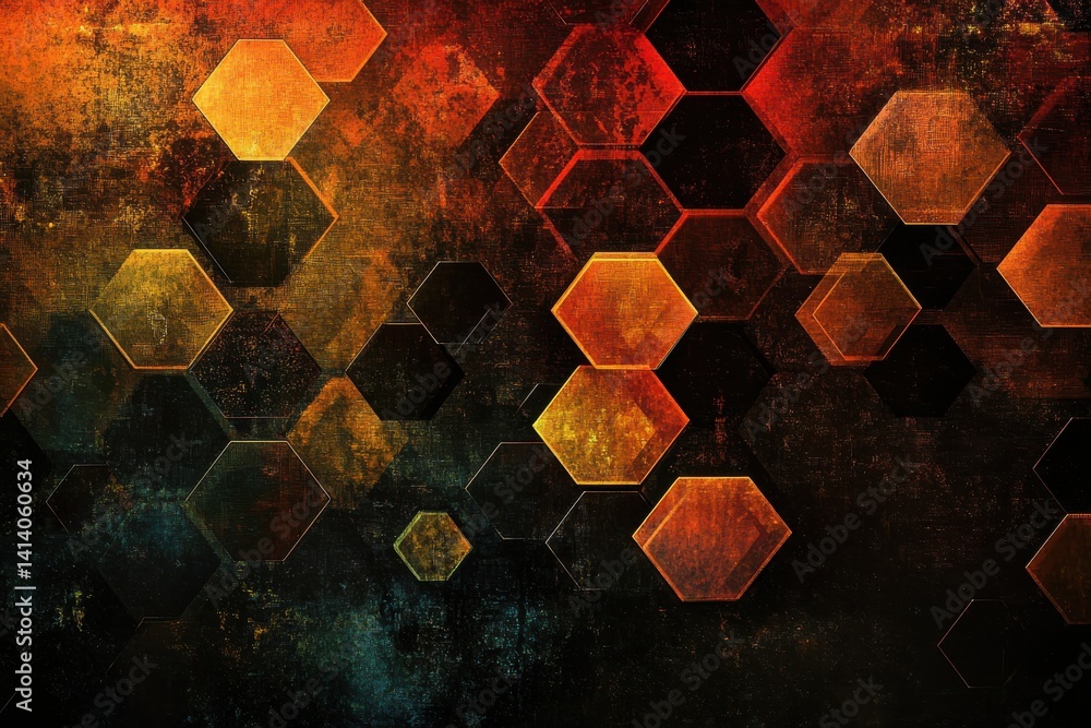 Poster abstract background featuring a multitude of glowing hexagons in shades of orange and deep reds and 