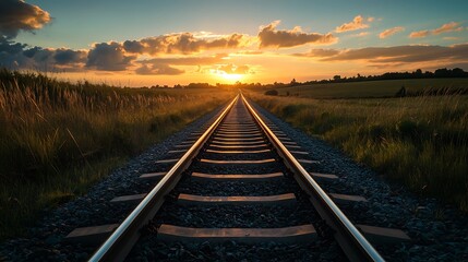 Fototapeta premium Railroad Tracks Stretching Toward the Horizon at Sunset with Golden Light