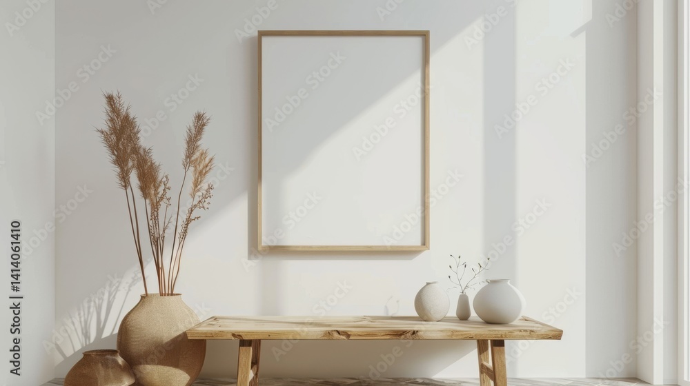 Poster 3d render of a mock-up frame in a white room with a natural wooden table and minimalistic decor.