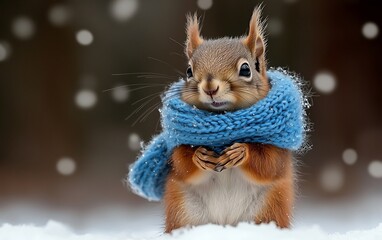 Adorable squirrel in a blue scarf, winter scene