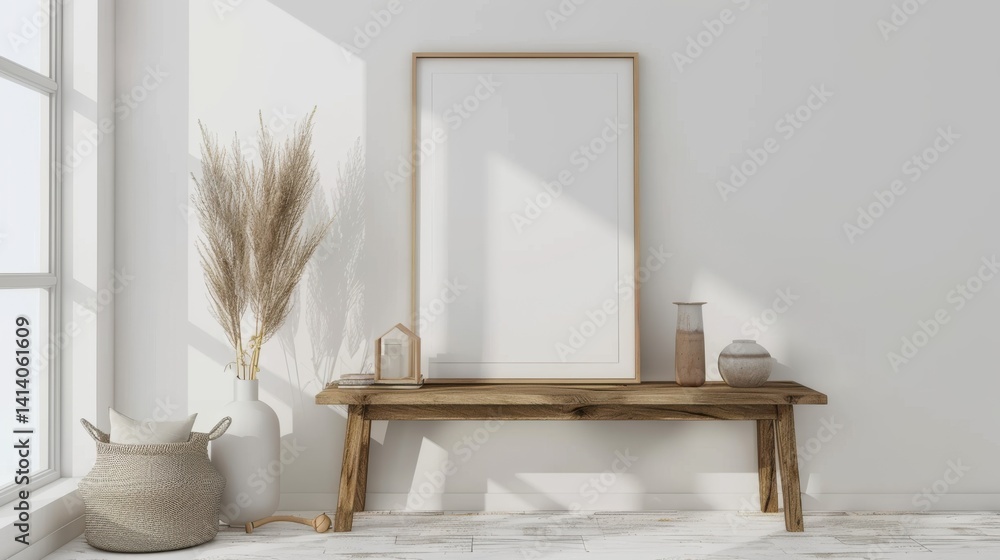 Poster 3d render of a mock-up frame in a white room with a natural wooden table and minimalistic decor.
