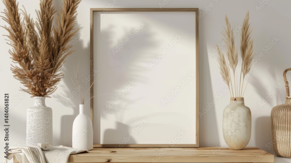 Poster 3d render of a mock-up frame in a white room with a natural wooden table and minimalistic decor.