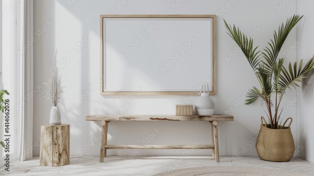 Poster 3d render of a mock-up frame in a white room with a natural wooden table and minimalistic decor.