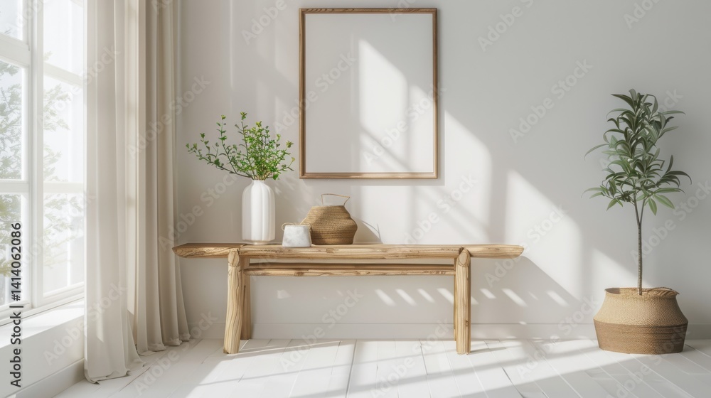 Poster 3d render of a mock-up frame in a white room with a natural wooden table and minimalistic decor.
