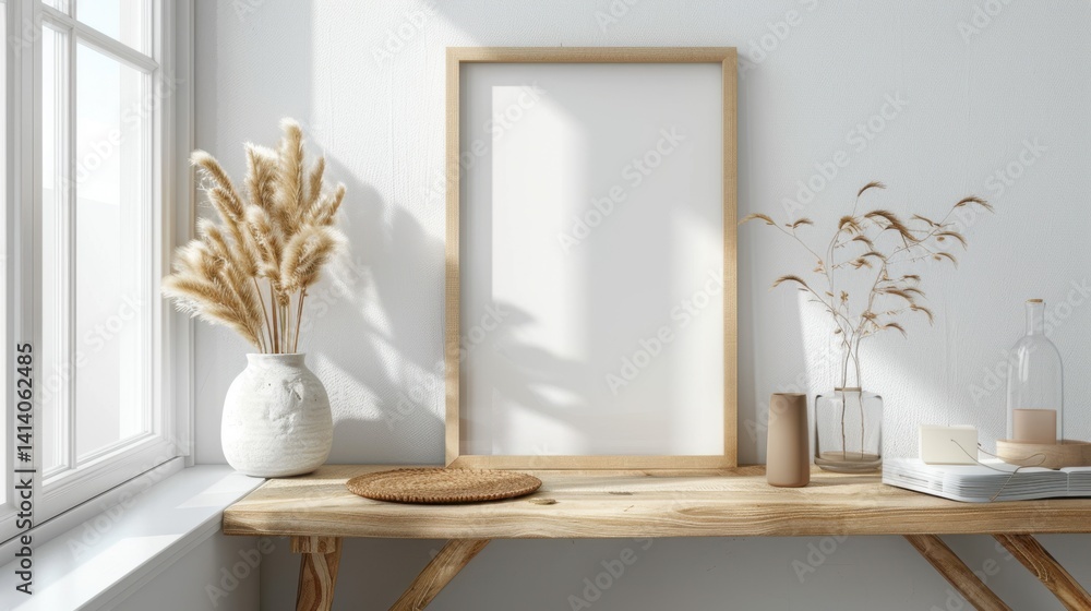 Poster 3d render of a mock-up frame in a white room with a natural wooden table and minimalistic decor.