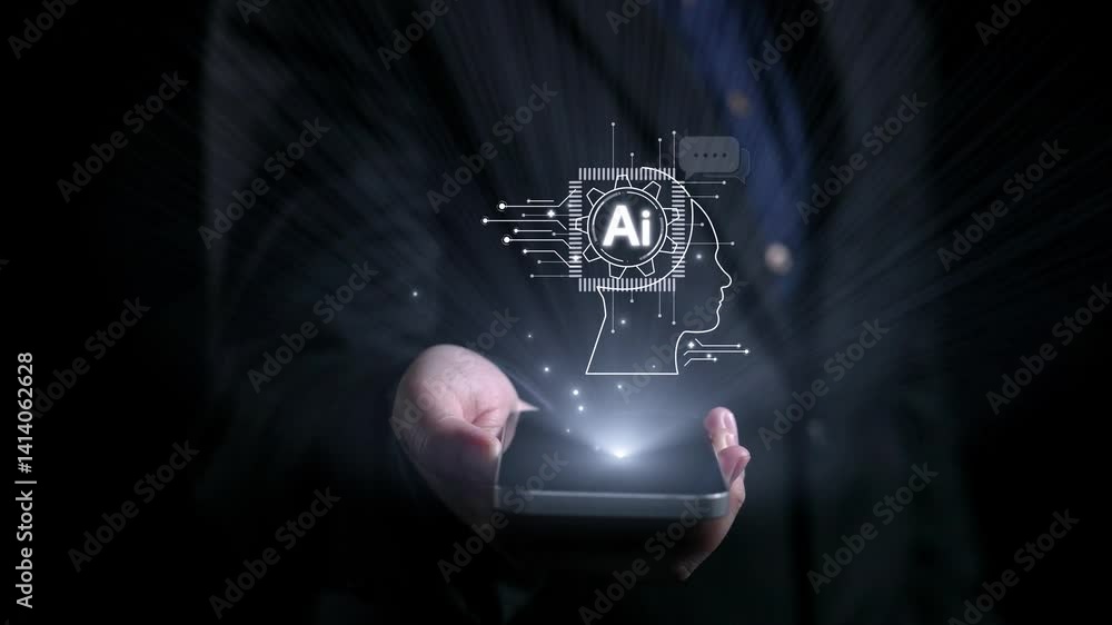 Poster human interact with ai artificial intelligence brain processor in concept of ai artificial intellige