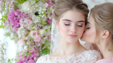 Naklejka premium Tender kiss between two young women pastel colors floral background family love affection