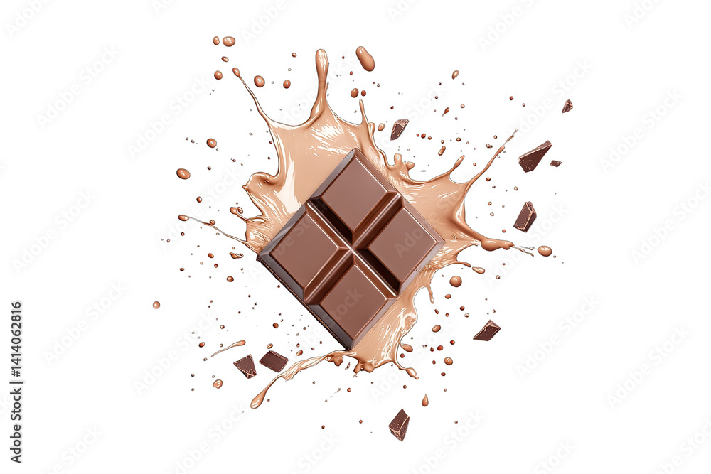 Poster a chocolate bar sits atop a splash of melted chocolate creating a visually appealing and indulgent p