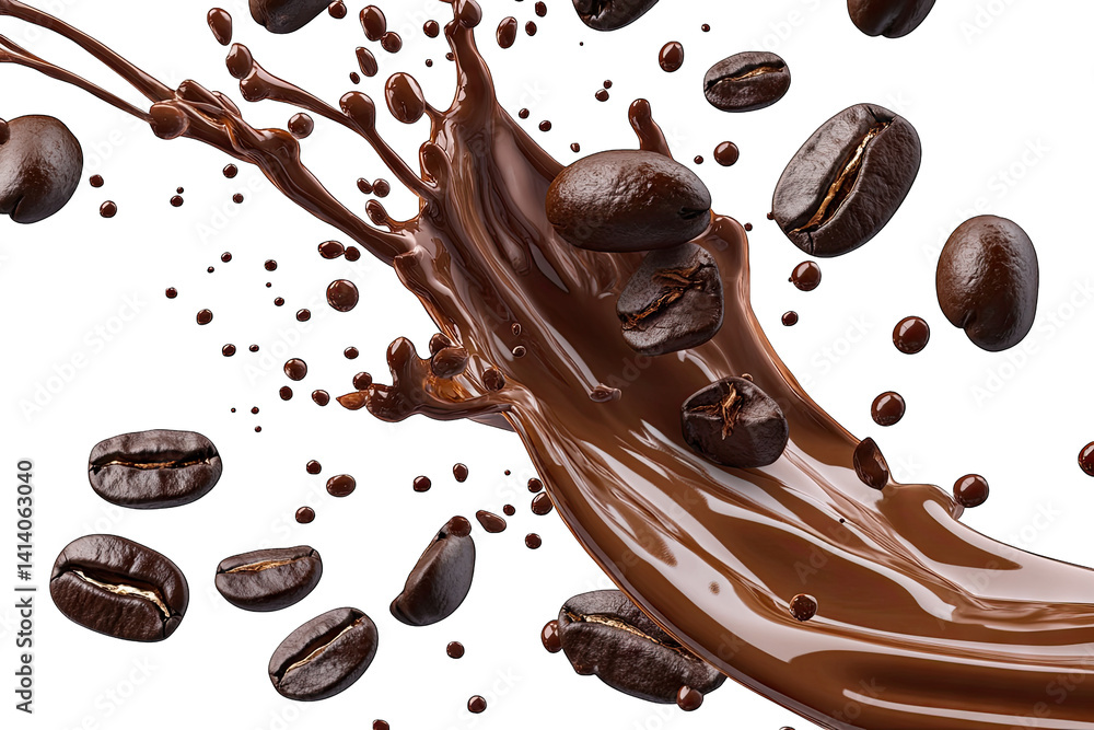 Poster a dynamic splash of liquid chocolate with coffee beans scattered around creating a visually appealin