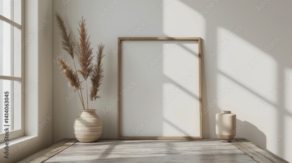 Poster 3d render of a mock-up frame in a white room with a natural wooden table and minimalistic decor.