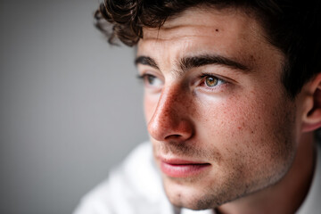 Fototapeta premium Close-up of young man's face, showcasing light skin, brown curly hair, and green eyes, conveying a pensive mood and youthful energy