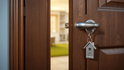 A house-shaped key hangs on a door handle, a subtly blurred room visible beyond.  The image evokes a sense of new beginnings and homeownership.