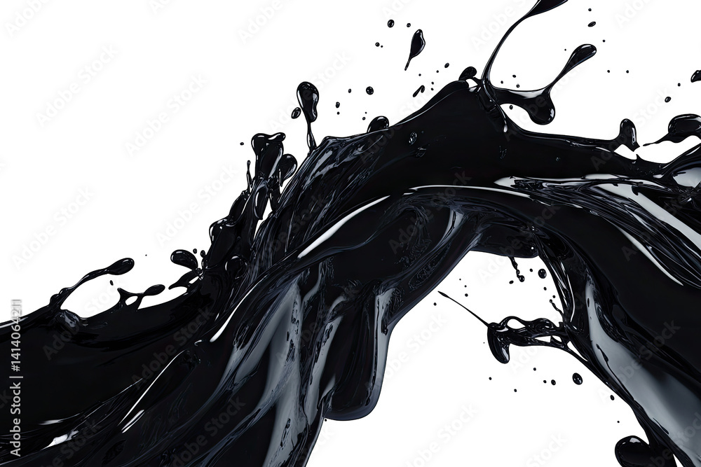Poster a dynamic splash of black liquid against a white background showcasing fluid motion and contrasting 