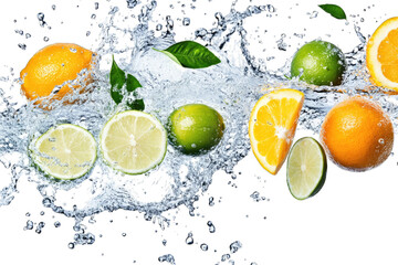 a splash of water with various citrus fruits including oranges lemons and limes highlighting freshness and vitality it captures the essence of refreshing beverages or healthy snacks