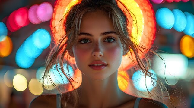 A woman stands amidst the colorful lights of a carnival Ferris wheel at night