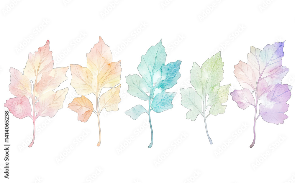 Poster series of five watercolor leaves in soft pastel colors showcasing a blend of hues that transition sm