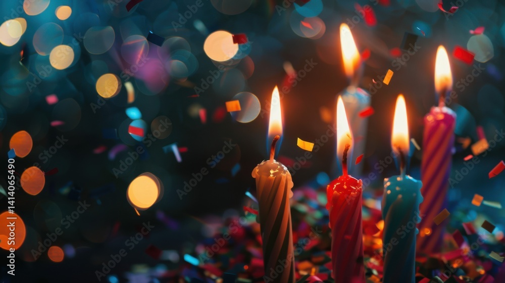 Poster multicolored birthday candles with confetti and soft bokeh lights in the background, creating a fest