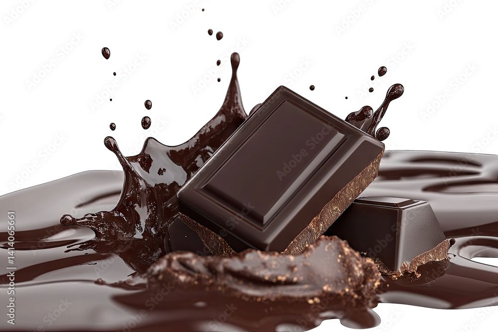 Poster dark chocolate bars partially submerged in a rich glossy chocolate sauce with splashes creating a dy