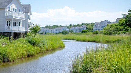 Obraz premium Tranquil waterfront homes and lush green waterway