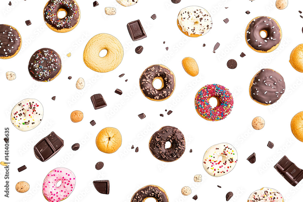 Poster a colorful assortment of donuts scattered across a white background complemented by chocolate pieces