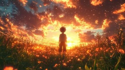 Fototapeta premium A boy stands amidst a vibrant sunset field of flowers.