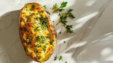 Delicious baked potato with cheese filling and fresh herbs