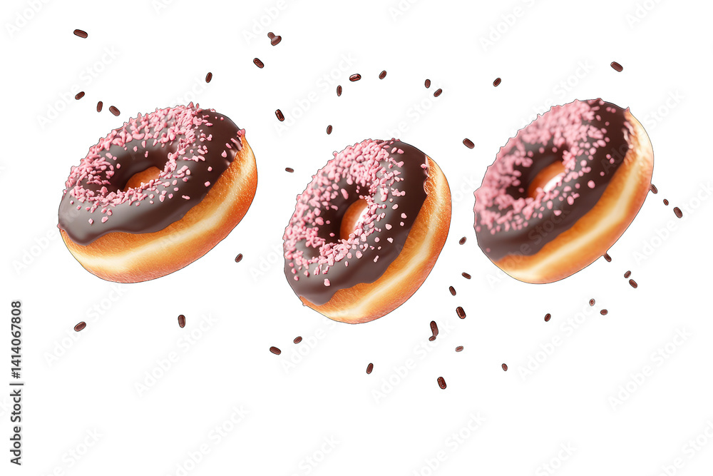 Poster three floating donuts with chocolate icing and pink sprinkles surrounded by scattered chocolate spri