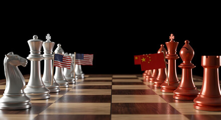 Naklejka premium united states chinese flags chessboard geopolitical tension strategic challenge world affairs dispute. 