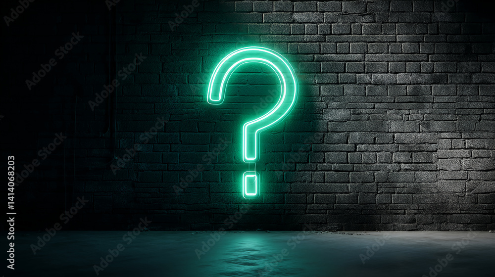 Poster green neon question mark on dark brick wall, creating an enigmatic and intriguing atmosphere, ideal 