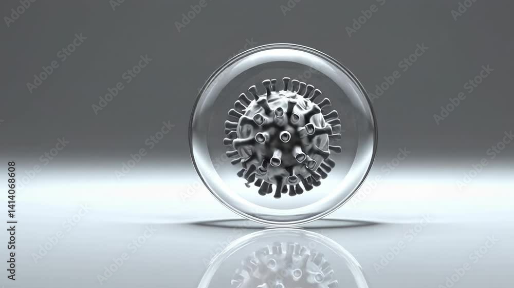 Poster metallic virus model rotating inside a glass sphere on a white background with reflections, ideal fo
