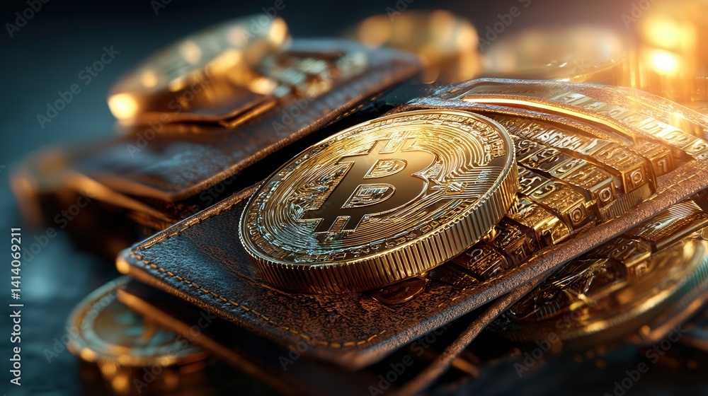 Poster stylish wallet containing a bitcoin coin representing digital currency and modern financial transact