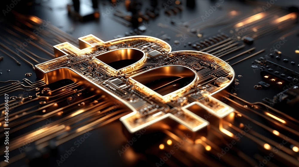Poster golden bitcoin against a plain background emphasizing the value and significance of cryptocurrency i