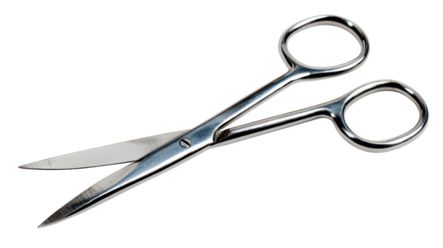 Gleaming Silver Scissors Against the Void: Precision Cutting Tools for Medical Professionals and Creative Arts, Isolated on Black for Versatile Design Applications