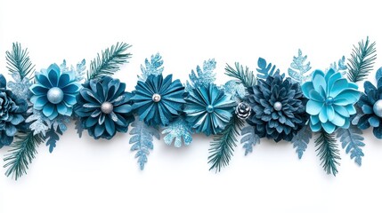 Teal Blue Festive Garland with Year Designs on White Backdrop End of Year Holiday Decoration with Floral and Winter Elements