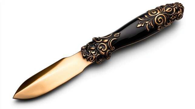 Gold-plated letter opener with an antique handle on an absolutely white background.