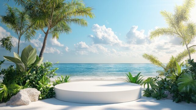 3D rendering of a white podium with a beach background and tropical plants and trees, product display mockup beauty cosmetics display scene, summer vacation concept image