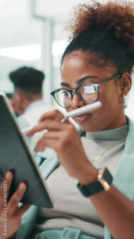 Poster Programming, employee or woman with tablet, office and coder with stylus for debugging and website. Business, programmer and glasses with tech for coding, online or research for project with software